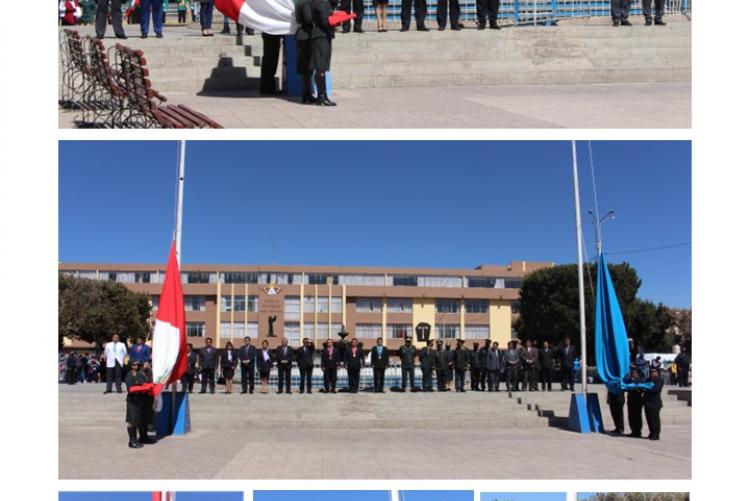 Izamiento de la Bandera del Perú, a cargo del Dr. Juan Benítes Noriega, Rector de la Universidad Andina "Néstor Cáceres Velasquez" 