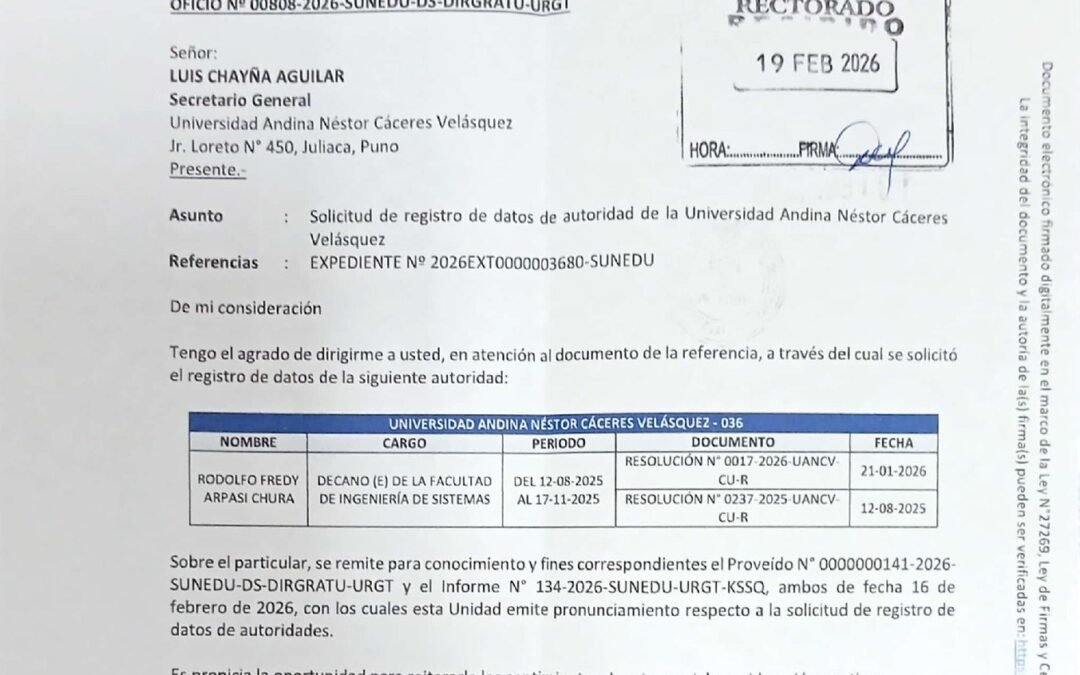 SUNEDU reconoce a decano de Ingeniería de Sistemas en el Registro de Datos de Autoridades